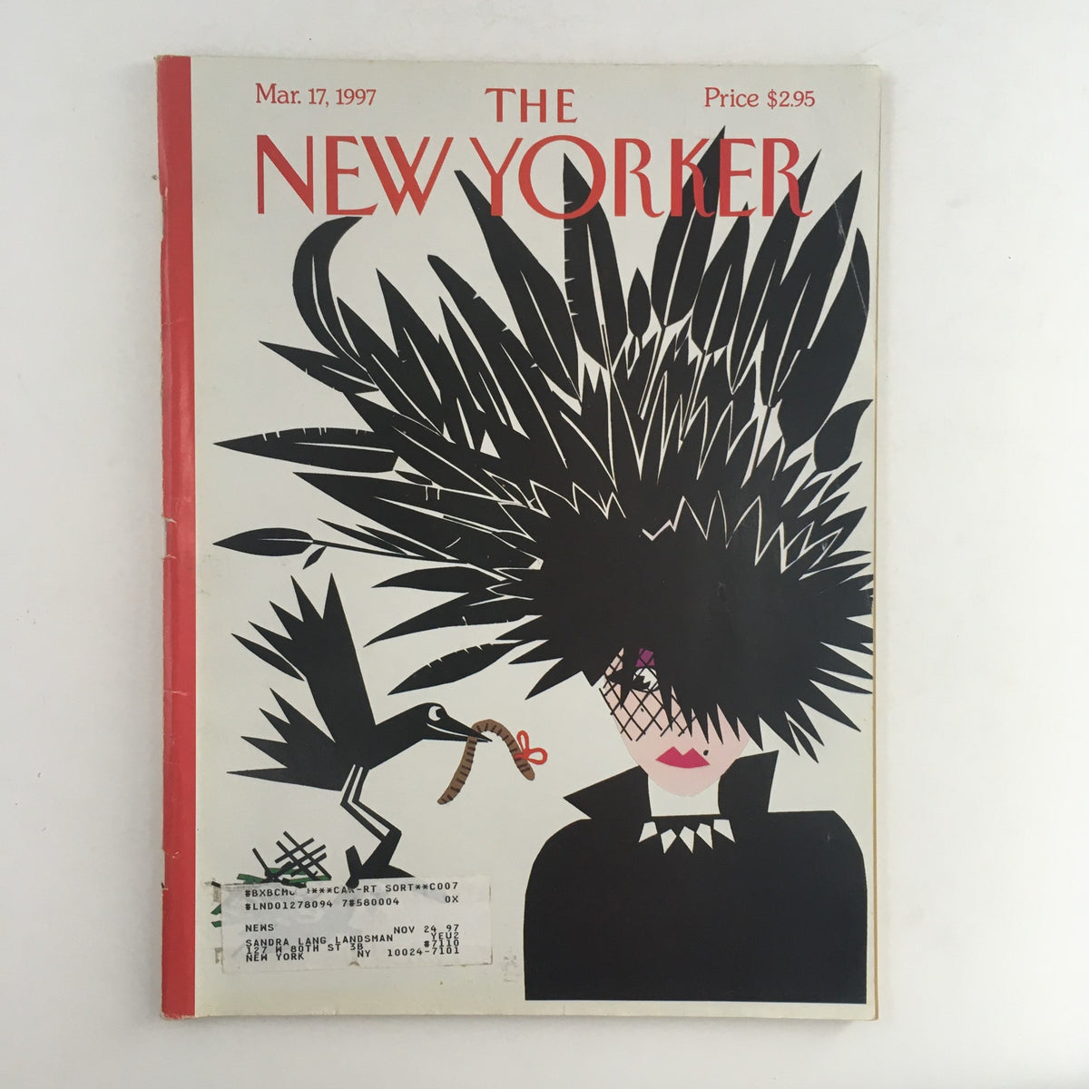 Cover of The New Yorker magazine from March 17, 1997, featuring artwork by Michael Roberts. The illustration showcases a striking image of a woman with spiky black hair and a raven, symbolizing a unique artistic theme. The magazine's title is prominently displayed at the top, and the price of $2.95 is noted. This copy is in very good condition.