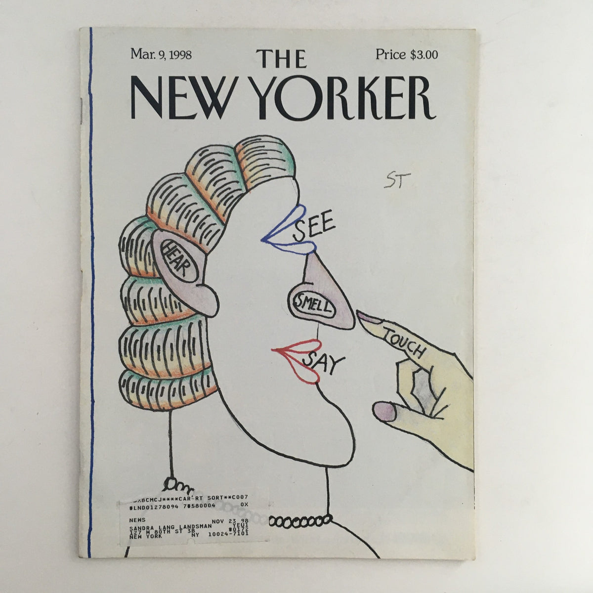 The New Yorker March 9 1998 Full Magazine Theme Cover by Saul Steinberg featuring a colorful illustration of a woman with labels for different senses like 'Hear', 'See', 'Smell', 'Say', and 'Touch'.