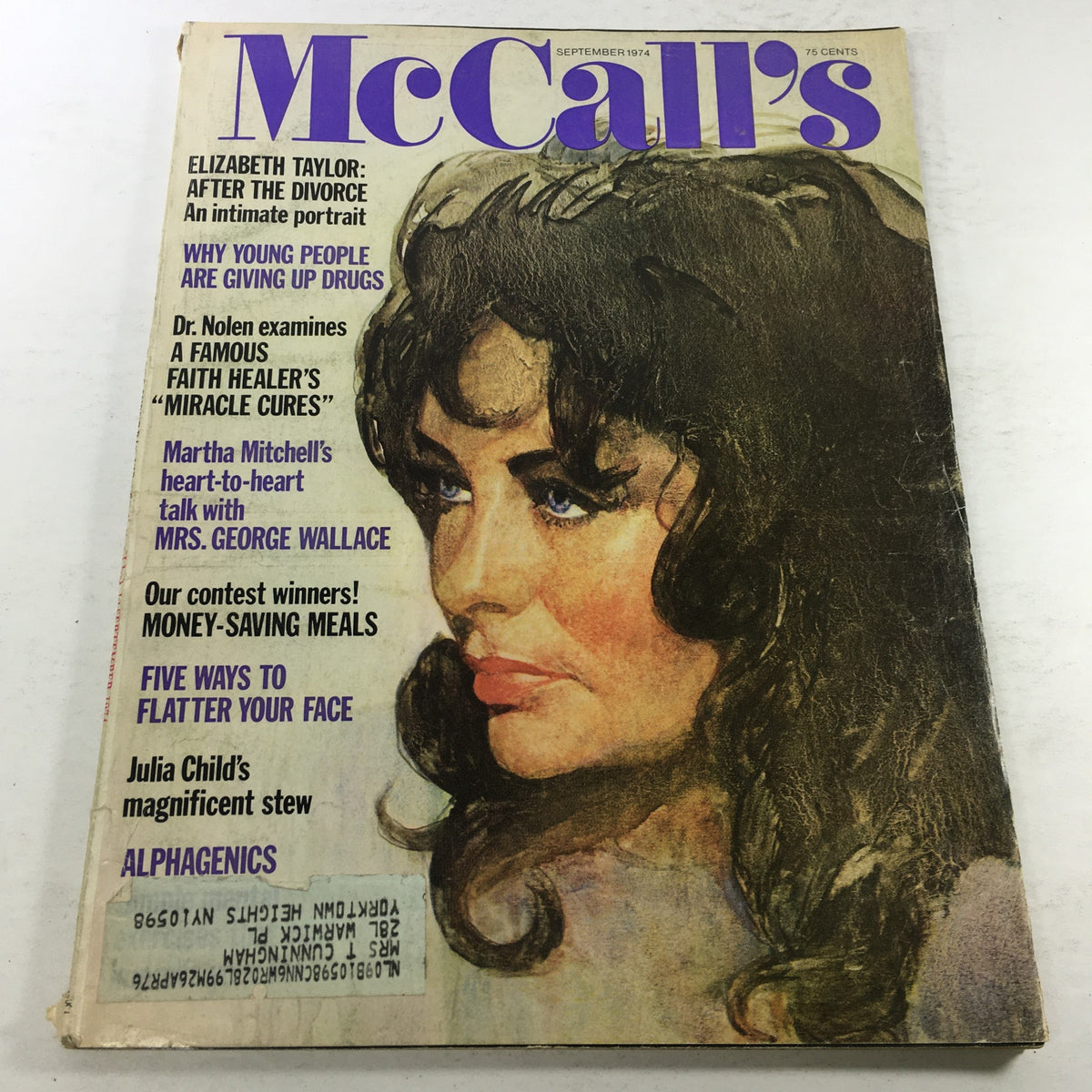 Vintage McCall's Magazine from September 1974 featuring an illustration of Elizabeth Taylor on the cover, with articles listed about Julia Child, faith healing, and beauty tips.