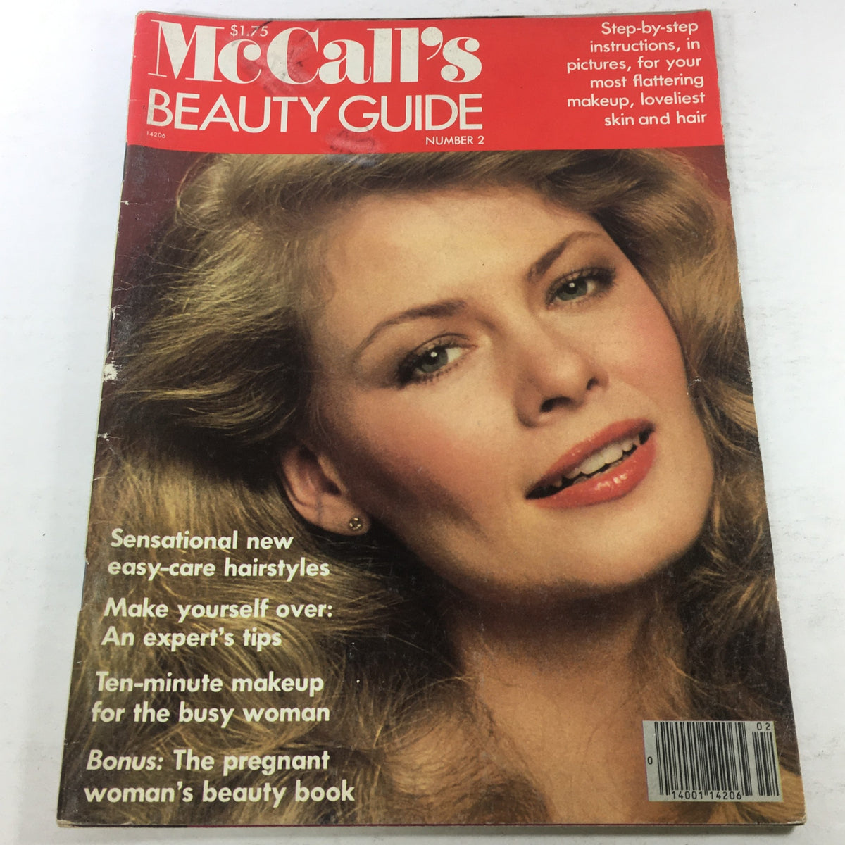 Cover of VTG McCall's Beauty Guide #2 Magazine from 1980 featuring a woman with wavy hair and makeup tips, highlights beauty trends of the 1980s.
