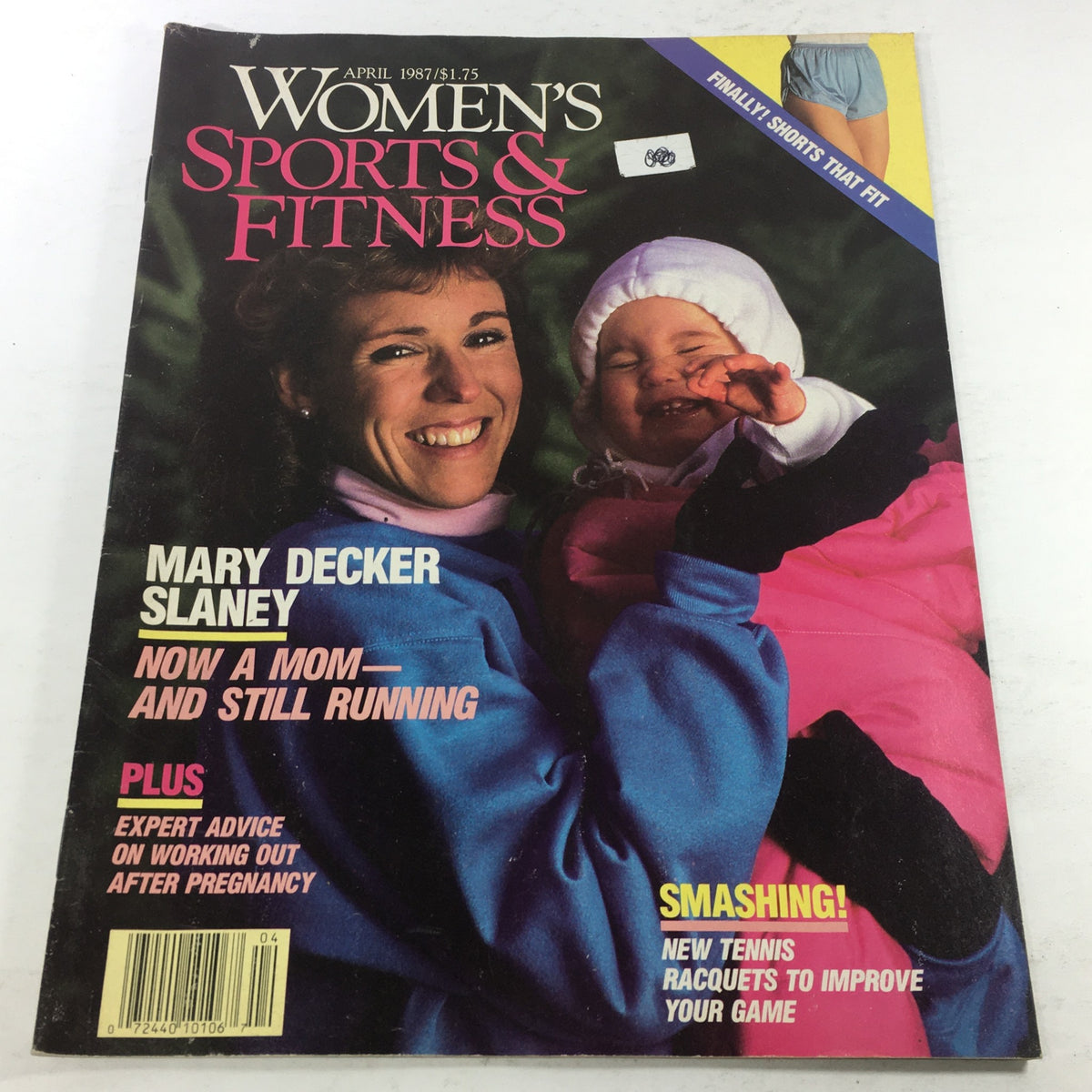 Cover of VTG Women's Sports & Fitness Magazine from April 1987 featuring Mary Decker Slaney, highlighting her journey as a new mom and athlete, with vibrant colors and vintage design.