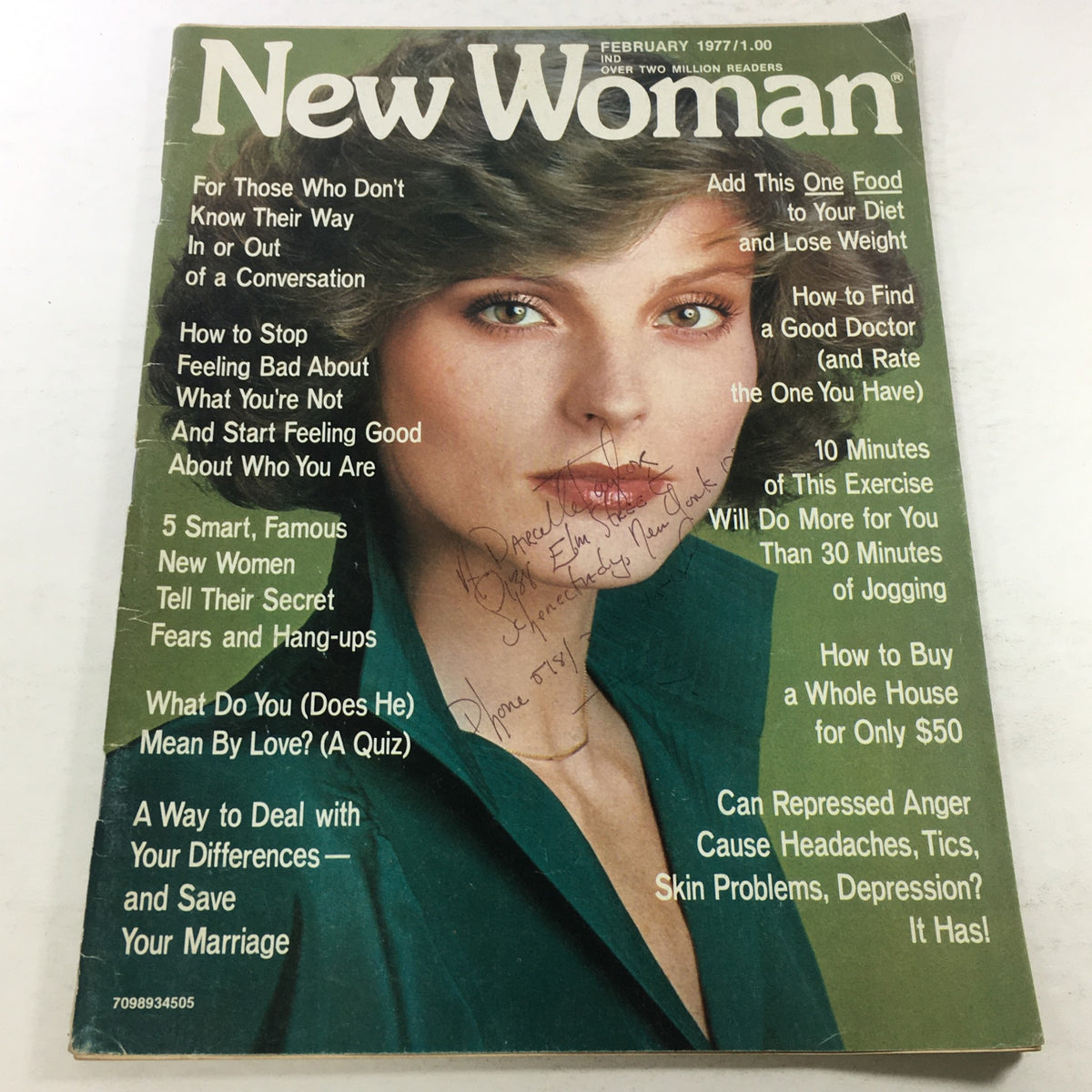 Cover of VTG New Woman Magazine: February 1977 featuring a woman with beautiful eyes and stylish hair, showcasing various articles on personal development and health.