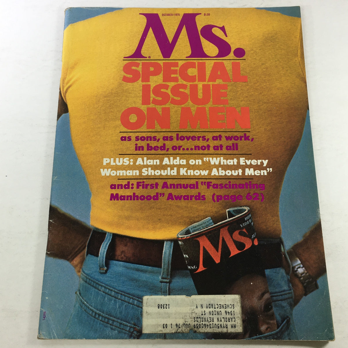 Cover of VTG MS. Magazine: October 1975 - Special Issue On Men, featuring bold text and a striking image that represents masculinity and feminist discourse, with a focus on Alan Alda.