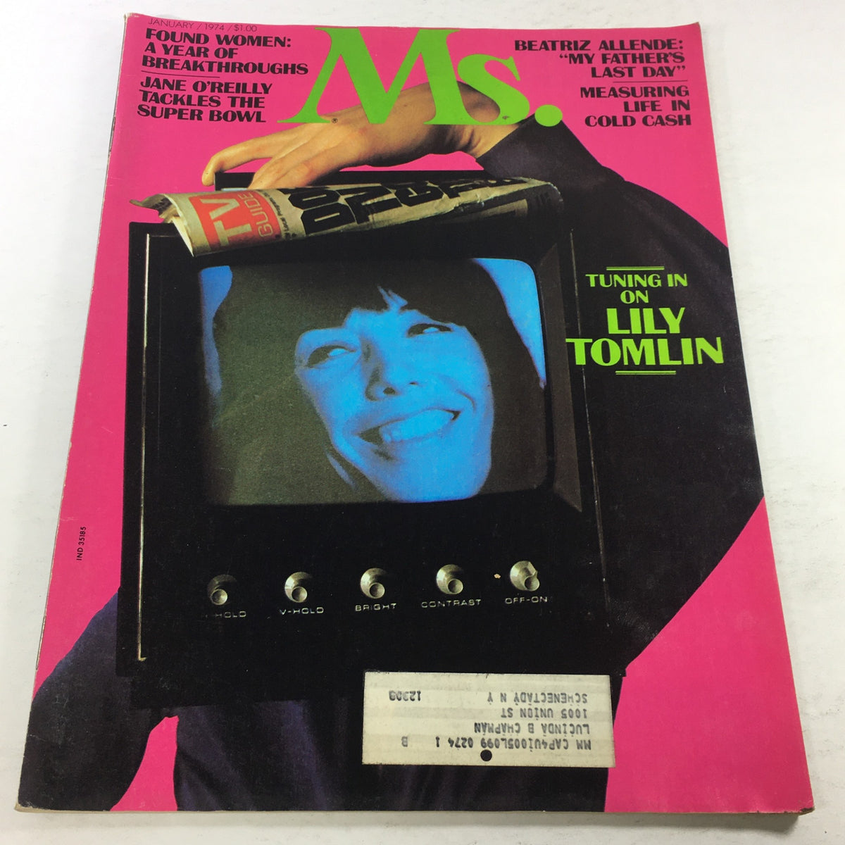Front cover of VTG MS. Magazine: January 1974 featuring Lily Tomlin. The cover showcases a vibrant design with a nostalgic theme, highlighting Tomlin's influence in comedy and feminism during the 1970s. The magazine's title and other headlines are prominently displayed, adding to its visual appeal.