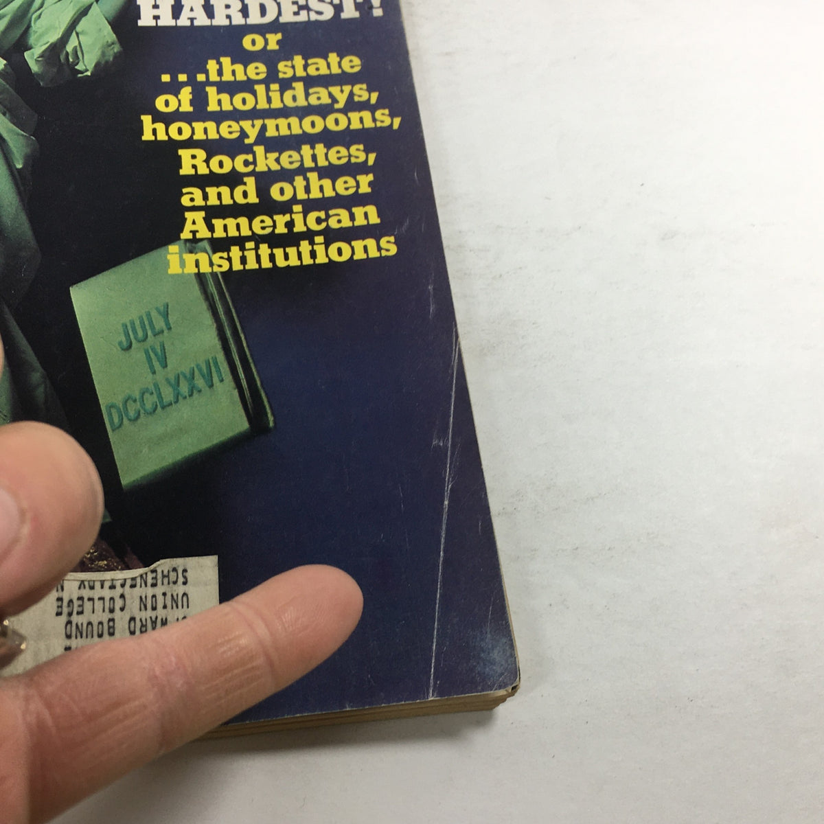 Close-up view of the cover of VTG MS. Magazine: July 1976 highlighting the title and featured articles including references to American institutions and holidays.