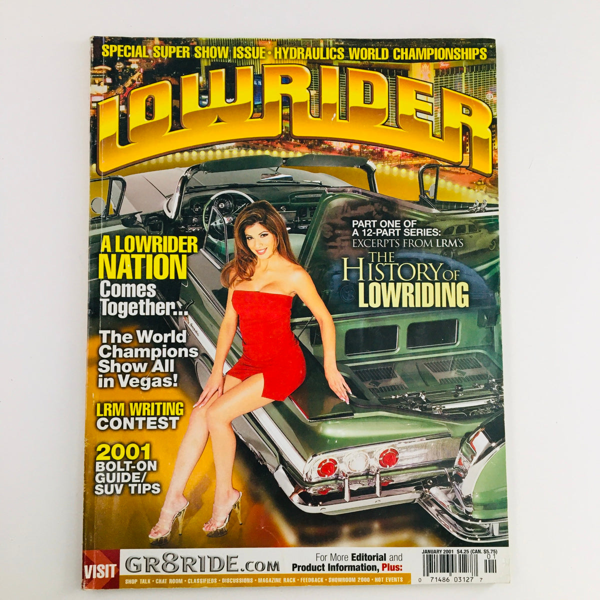 Cover of LowRider Magazine January 2001 featuring the title 'The History of Lowriding 12-Part Series'. The magazine showcases a lowrider car with a model in a red dress, highlighting the vibrant culture of lowriding. Perfect for vintage magazine collectors and enthusiasts.