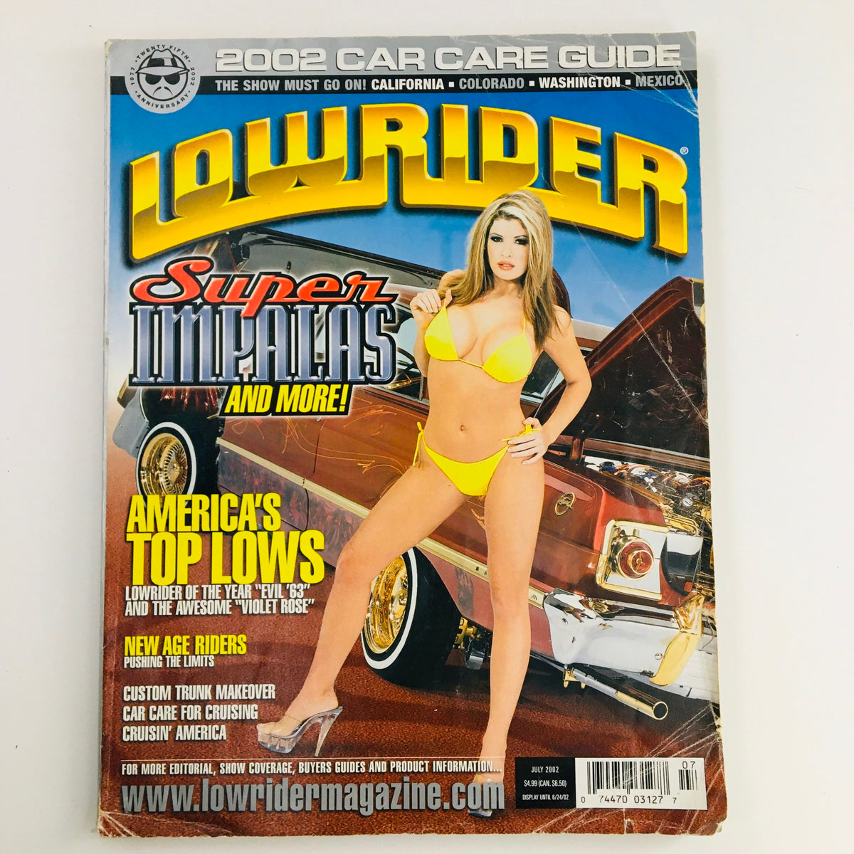 Cover of LowRider Magazine July 2002 featuring America's Top Lows with Evil 63 and Violet Rose. The magazine showcases a lowrider car and a model in a bikini, emphasizing the culture of custom car design.