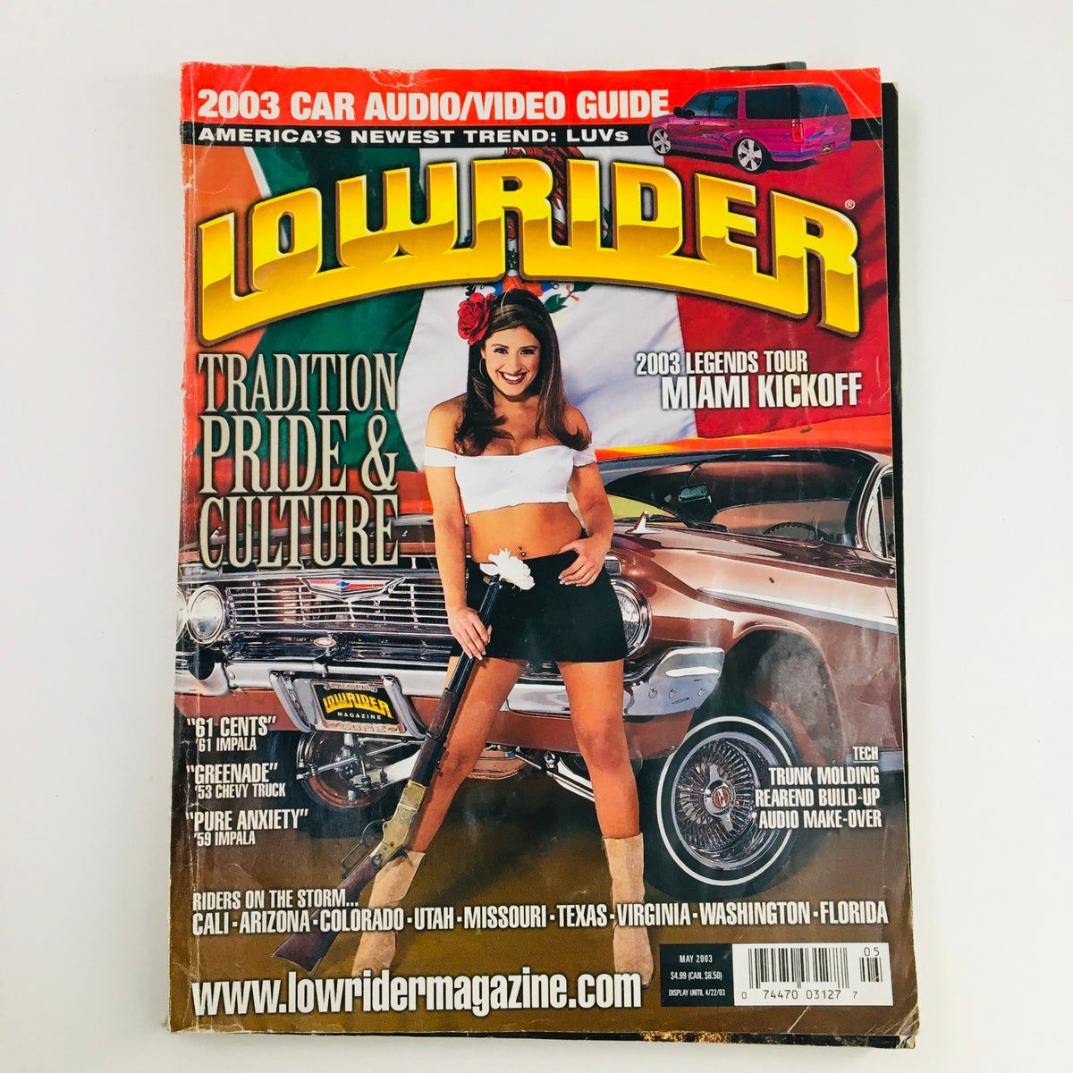 LowRider Magazine May 2003 cover featuring the theme 'Tradition, Pride & Culture' with a model and classic lowrider car for Miami Kickoff.