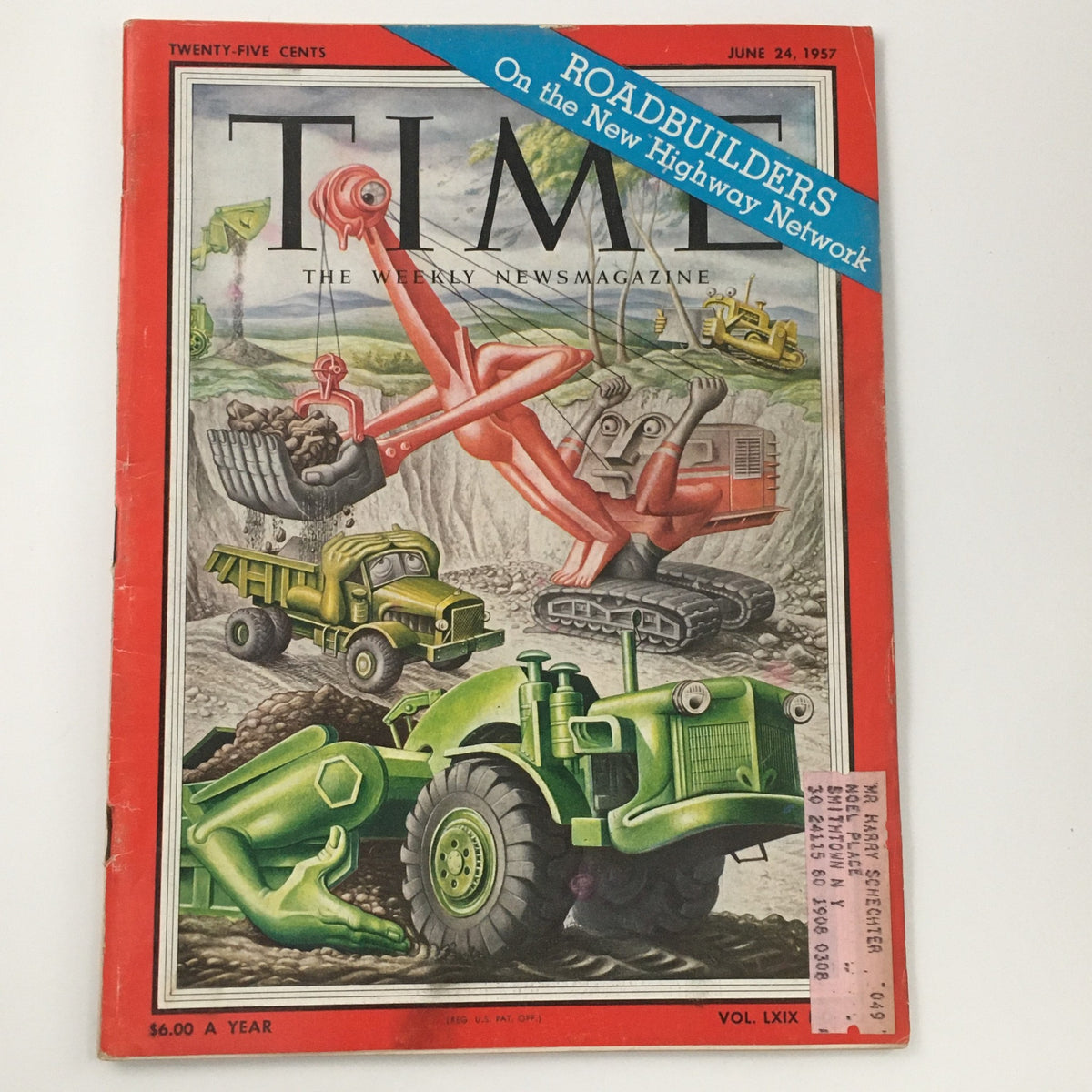 Cover of Time Magazine from June 24, 1957, Volume 69 Issue 25 featuring a colorful illustration of road construction equipment, highlighting the article 'Roadbuilders On The New Highway Network.'