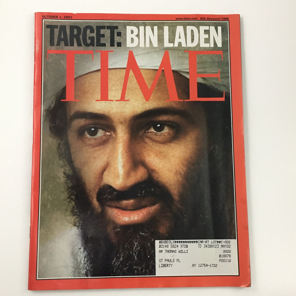 Cover of Time Magazine, October 1, 2001, Vol 158 #15 featuring the title 'Target: Bin Laden'. The image depicts Osama Bin Laden, capturing a pivotal moment in American history post-9/11, showcasing the magazine's role in documenting significant events.