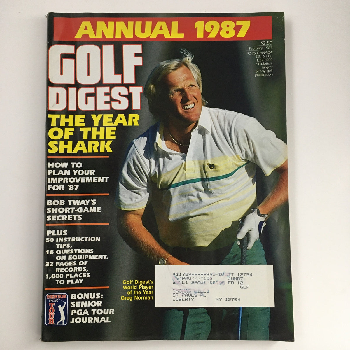 Cover of Golf Digest Magazine from February 1987 featuring World Player of the Year Greg Norman, with the headline 'The Year of the Shark'. This vintage magazine illustrates Greg Norman with his golf club, emphasizing his iconic status in the sport.