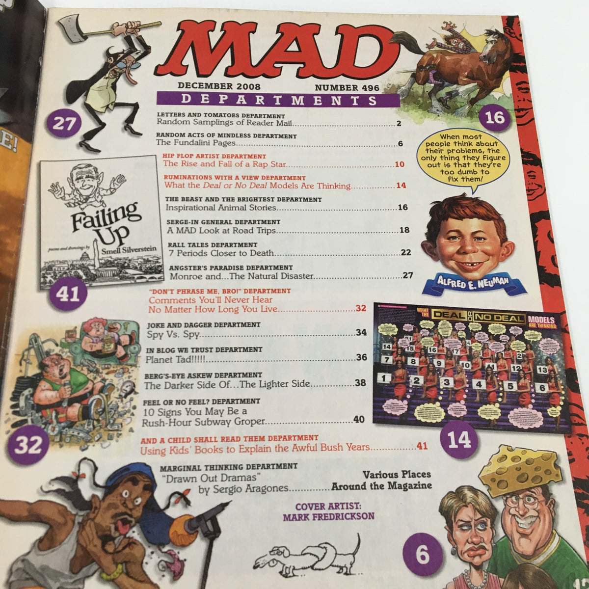 Table of contents page from Mad Magazine December 2008 #496, listing articles and features including the cover story on Lil Wayne's rise to fame.