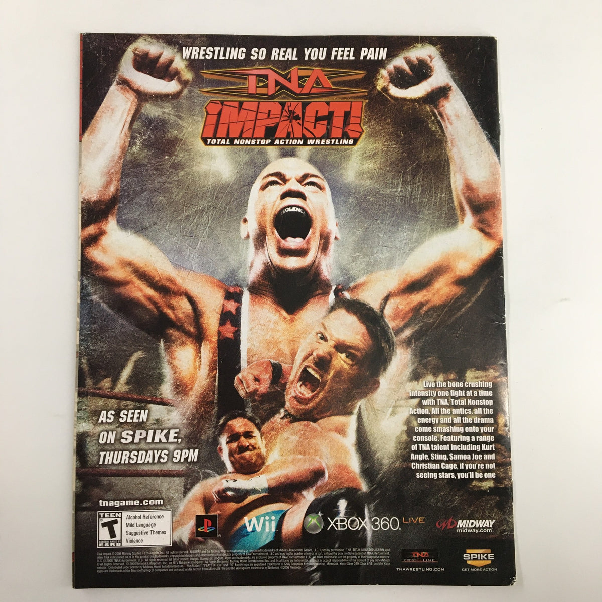 Back cover of Mad Magazine December 2008 #496 promoting TNA Impact!, the Total Nonstop Action wrestling game with promotional artwork.