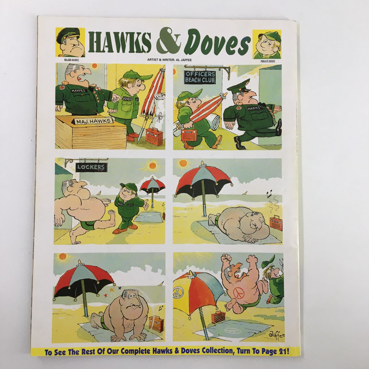 Inside page from Mad Magazine February 1997 No. 118 featuring Al Jaffee's 'Hawks and Doves', showcasing a humorous comic strip with military and beach-themed illustrations.