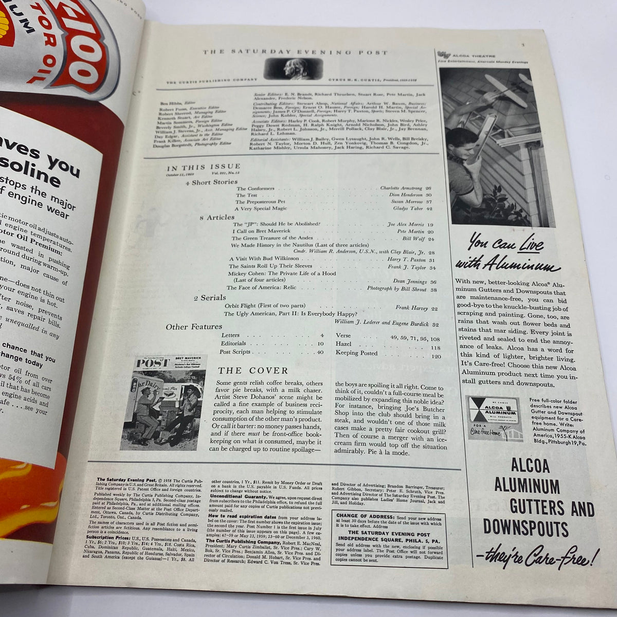 Interior page of Saturday Evening Post Magazine October 11, 1958 showing a table of contents and various articles, reflecting the informative style of mid-20th century magazines.