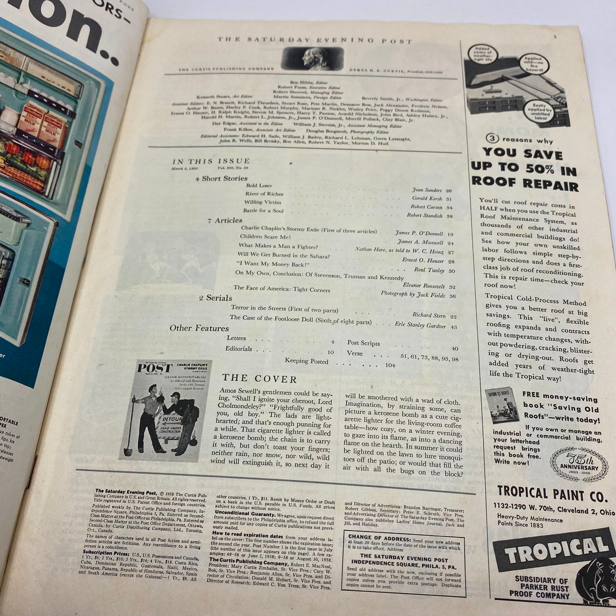 Interior page of the Saturday Evening Post Magazine, March 8, 1958, listing contents including articles and features, with a focus on the cover story 'Kerosene Bomb'.