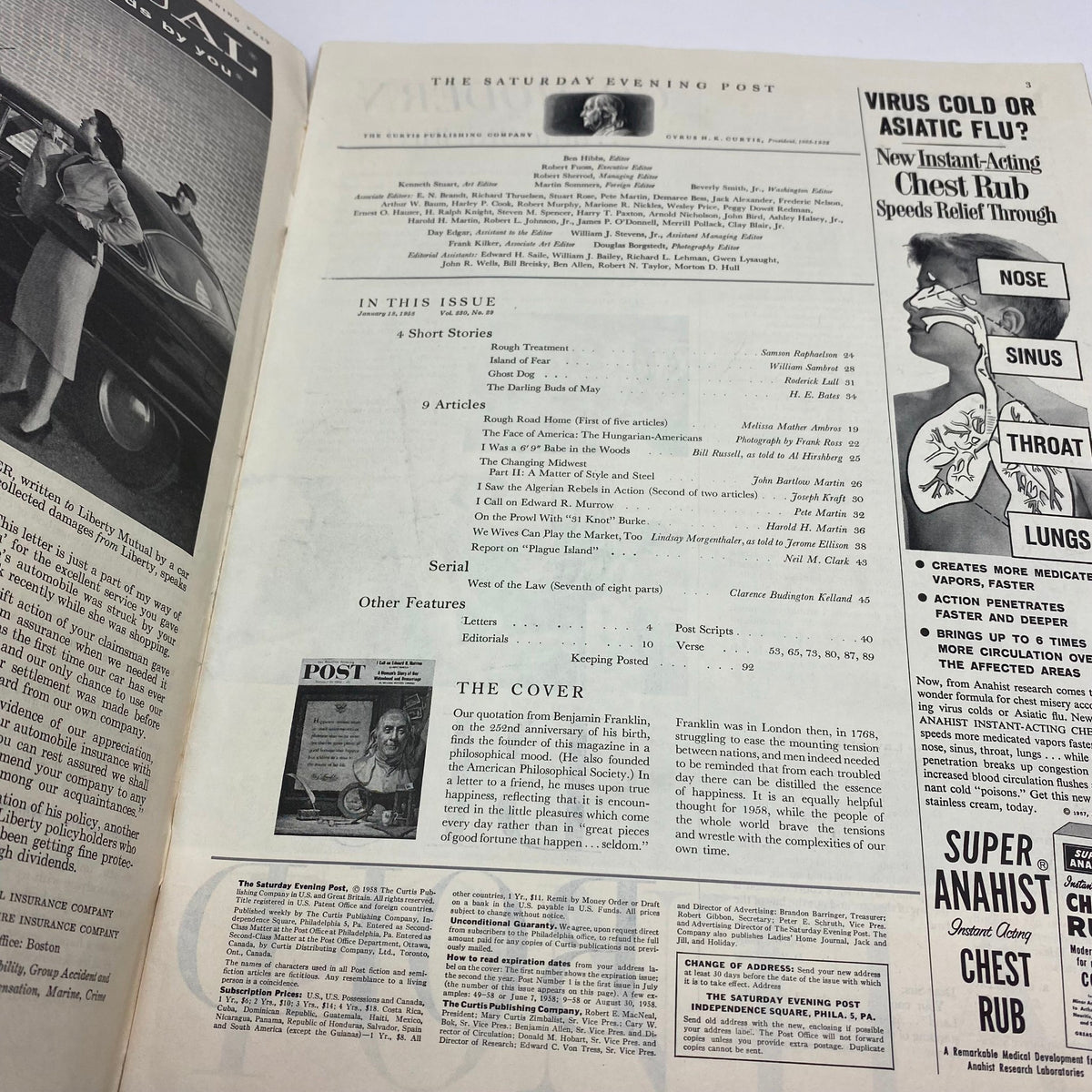 Interior page of Saturday Evening Post Magazine January 18 1958 showcasing articles and features, including a reference to Benjamin Franklin's cover.