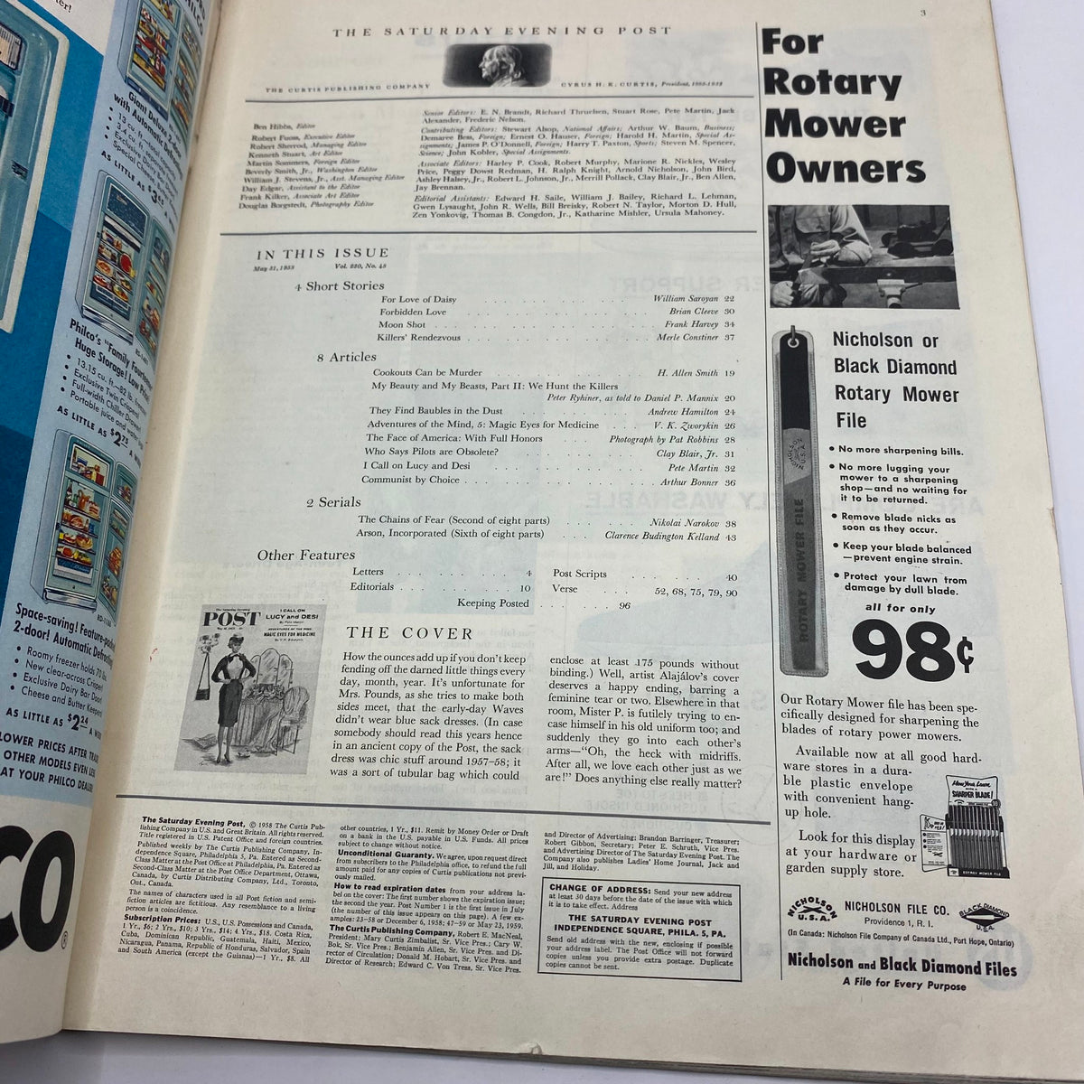 Inside page of the Saturday Evening Post Magazine from May 31, 1958, showing the table of contents and feature articles including 'I Call On Lucy and Desi'.