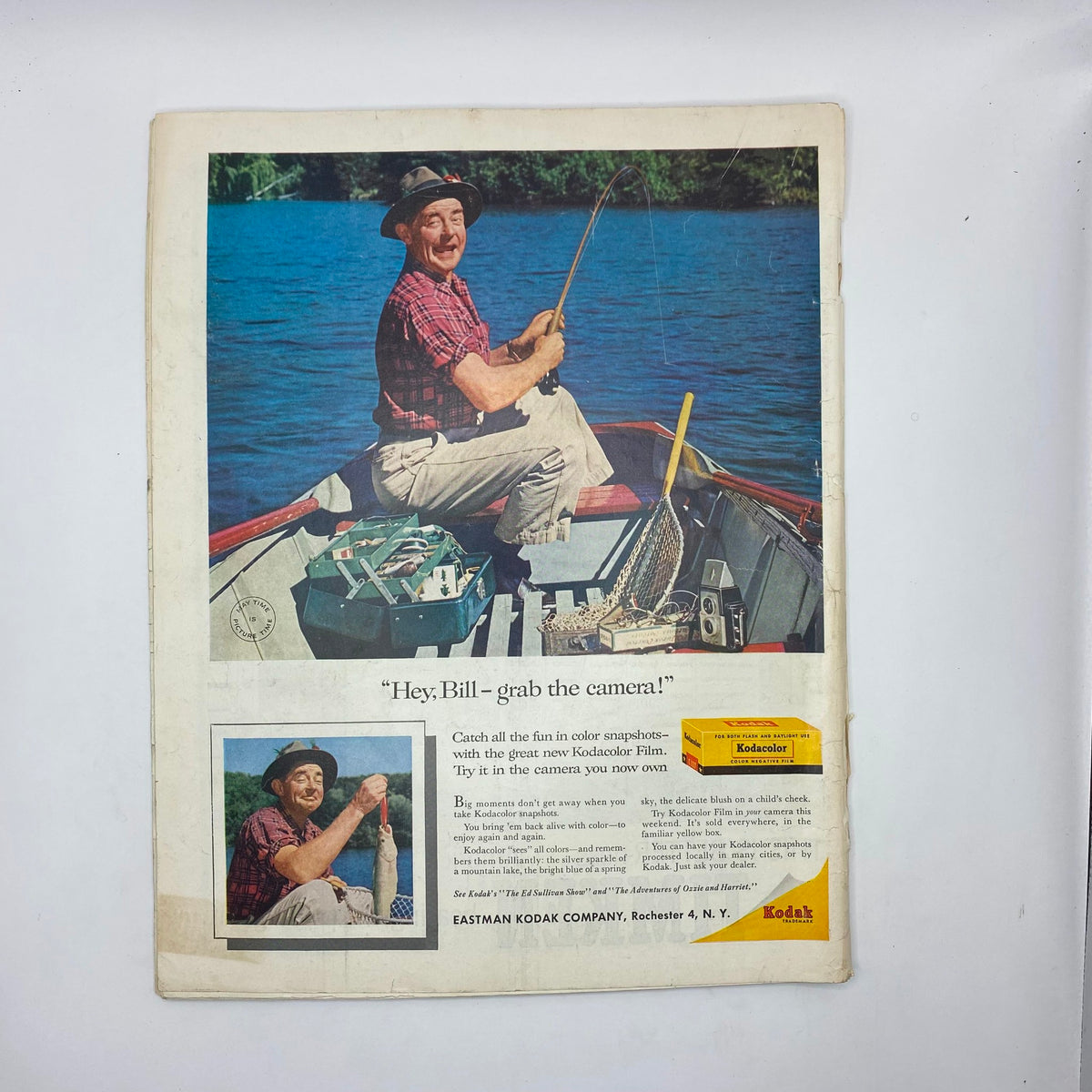 Back cover of the Saturday Evening Post Magazine May 31, 1958, showcasing an advertisement for Kodak with a man fishing.