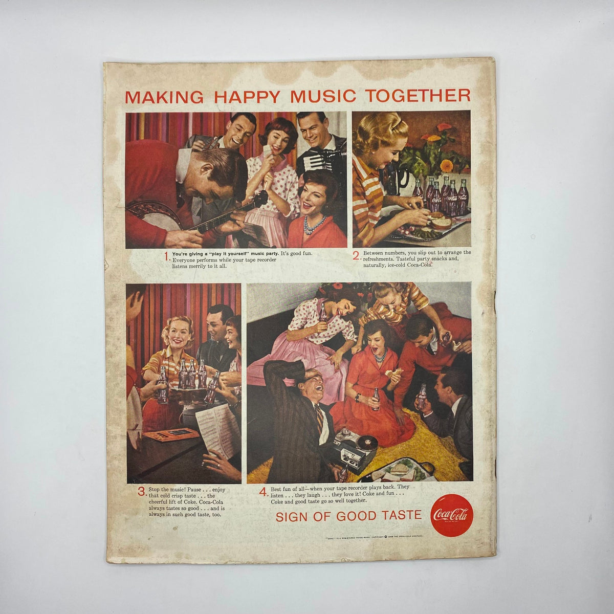 Back cover of Saturday Evening Post Magazine from November 22, 1958, featuring a Coca-Cola advertisement titled 'Making Happy Music Together' with people enjoying a music party.