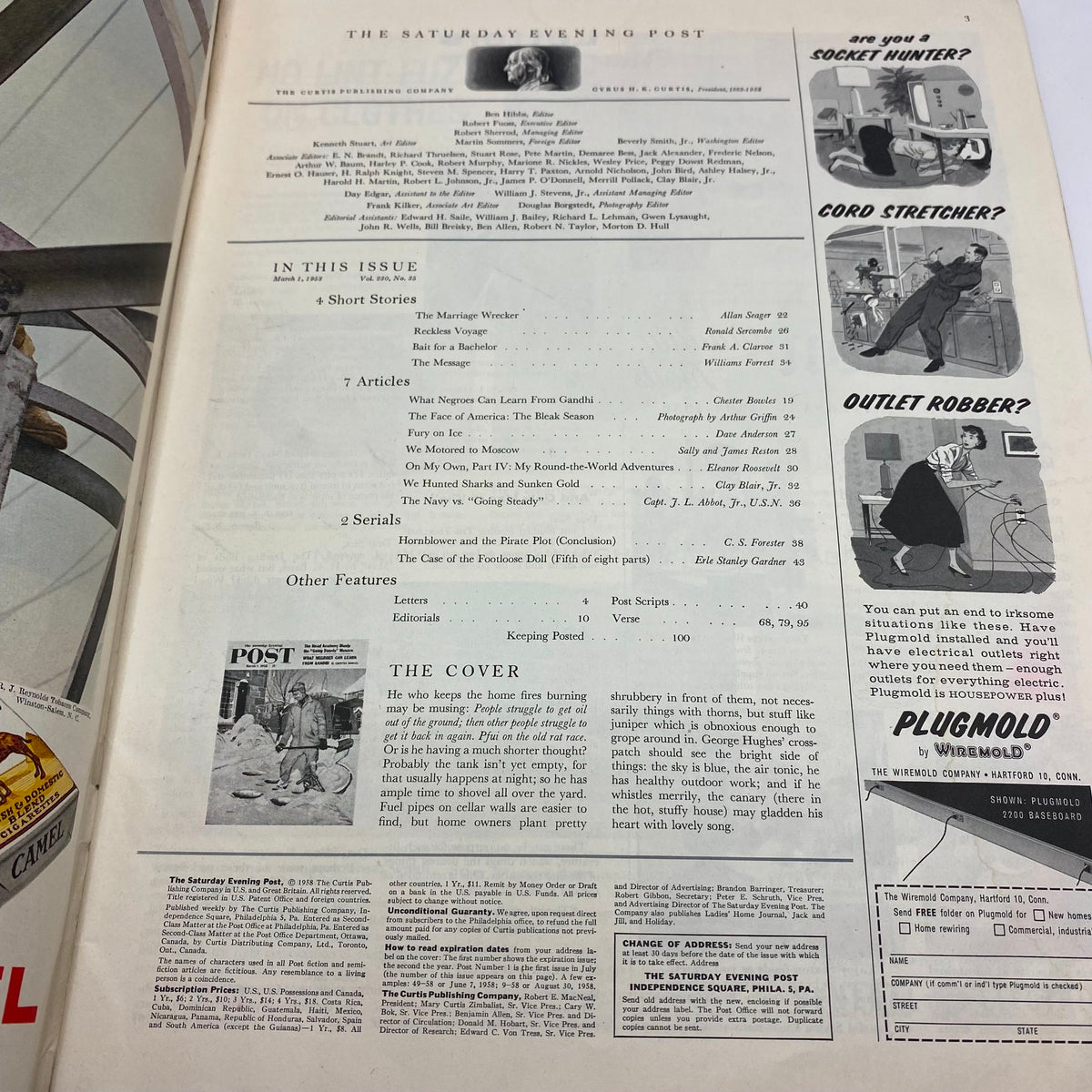 Table of contents page from Saturday Evening Post Magazine, March 1, 1958 listing articles including 'What Negroes Can Learn From Gandhi'.