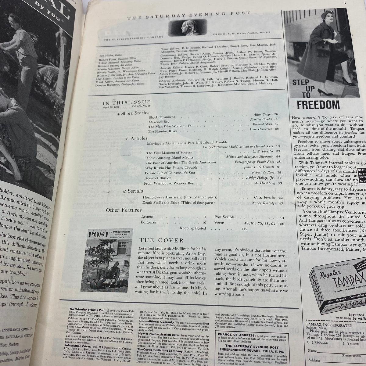 Interior page of the Saturday Evening Post Magazine from April 12, 1958, displaying the table of contents and an article reference about the cover art titled Mr. Siesta by Dick Sargent.