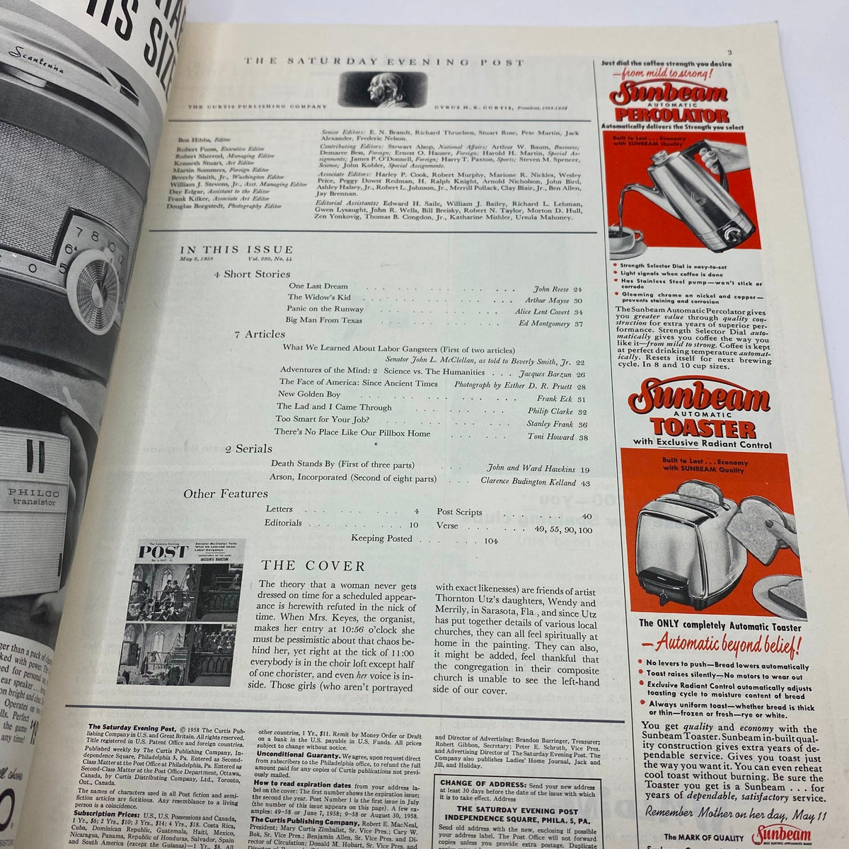 Interior page of the Saturday Evening Post Magazine May 3, 1958, highlighting articles and features including a note on the cover illustration of Mrs. Keyes, the organist.
