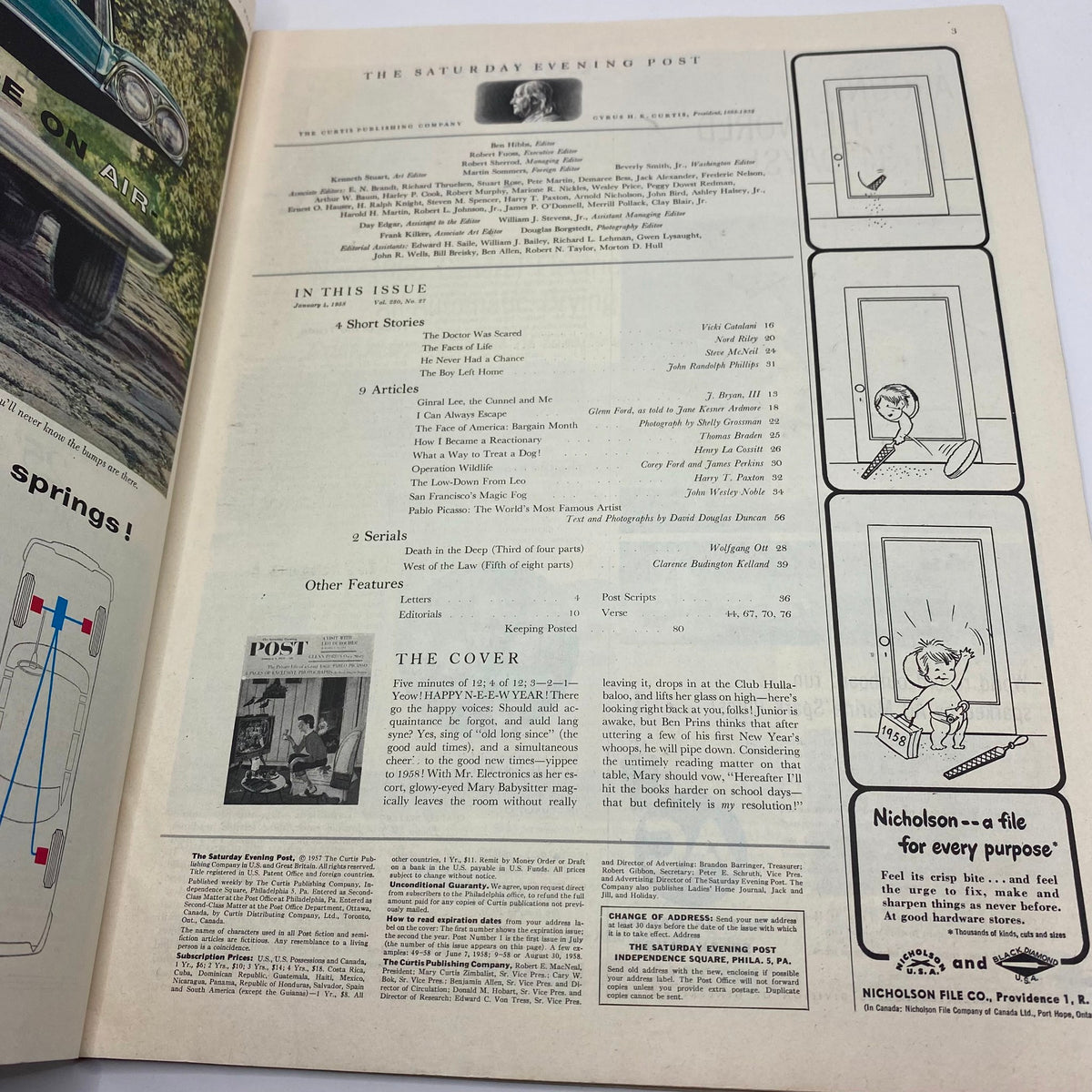 Interior page of the Saturday Evening Post Magazine January 4, 1958 detailing articles and features of the issue.