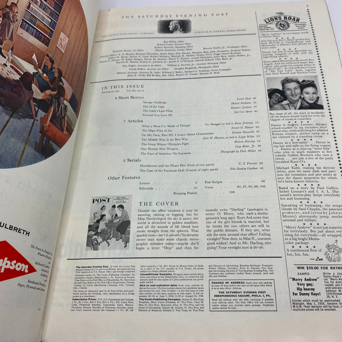Interior page of the February 22, 1958 issue of The Saturday Evening Post magazine, showcasing articles and features, including a section about the cover art 'Ms. Newlyringed'.