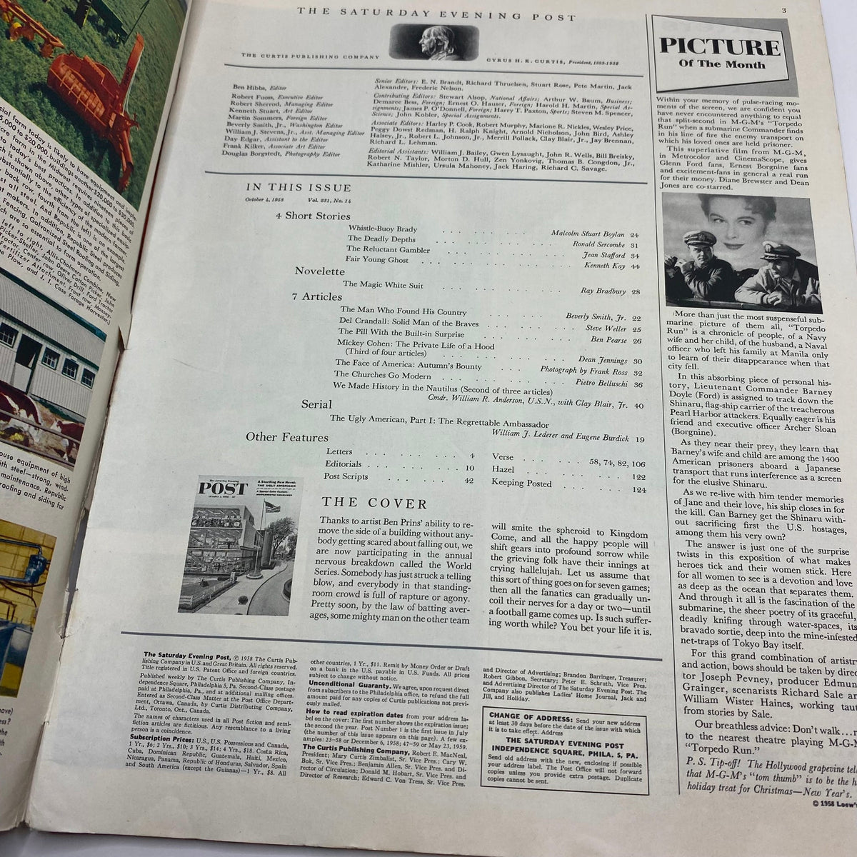 Interior page of the Saturday Evening Post Magazine from October 4, 1958, featuring the table of contents and notable articles, providing a glimpse into the publication's offerings.