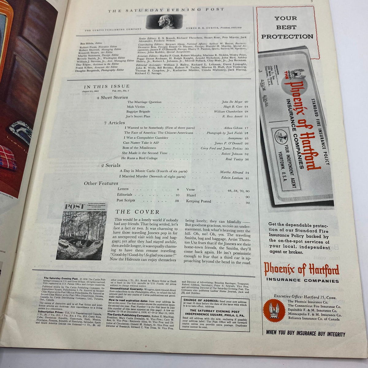 Inside page of Saturday Evening Post Magazine August 23 1958 featuring table of contents and list of articles including short stories, serials, and advertisements.