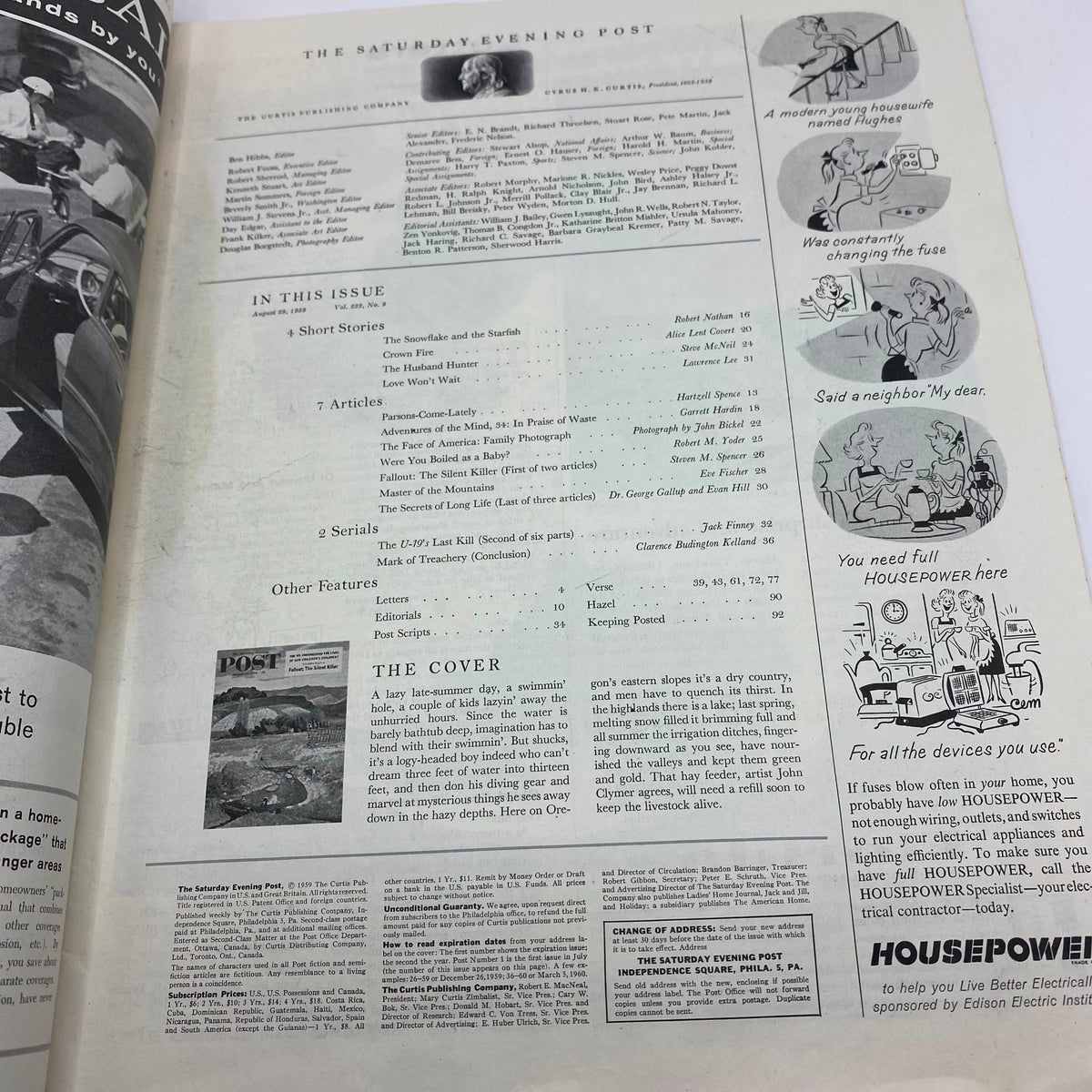 Interior page of the Saturday Evening Post Magazine August 29 1959 featuring articles and cover art by John Clymer.