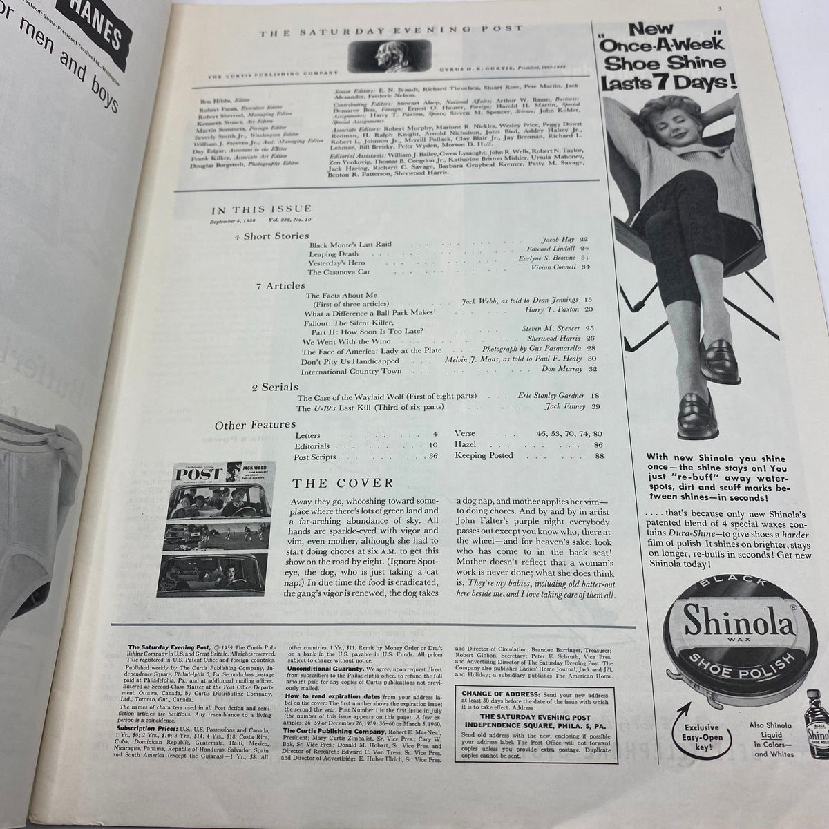 Inside page of Saturday Evening Post Magazine September 5, 1959, showcasing articles and features including a focus on the cover illustration 'Away They Go' by John Falter.