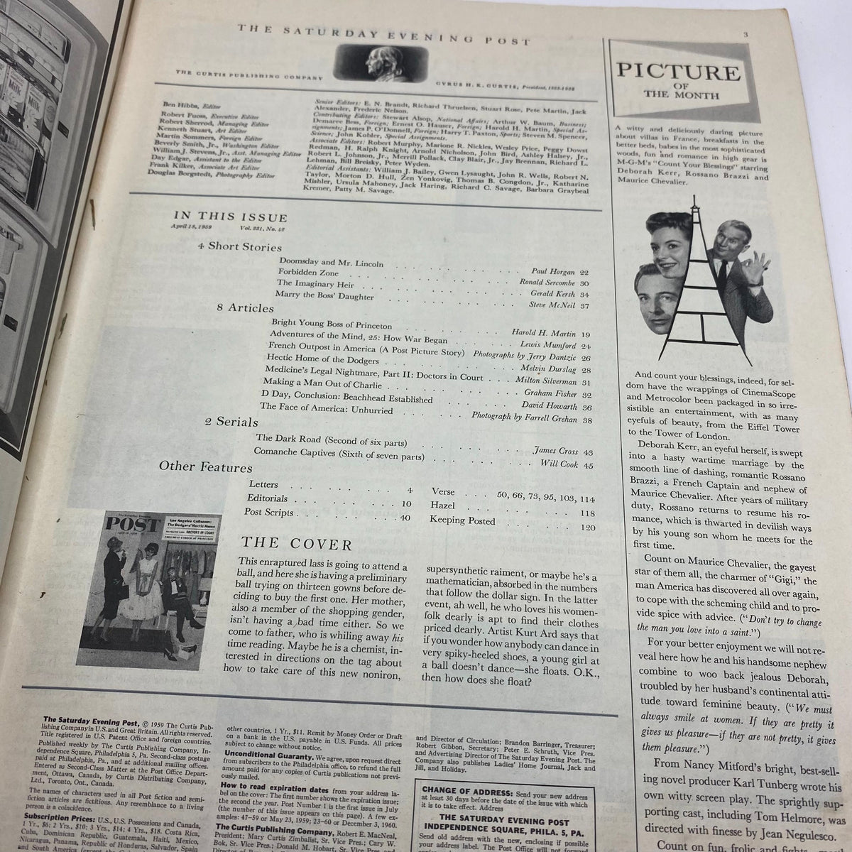 Interior page layout of Saturday Evening Post Magazine April 18 1959 highlighting articles and features of the issue, including a description of the cover illustration.