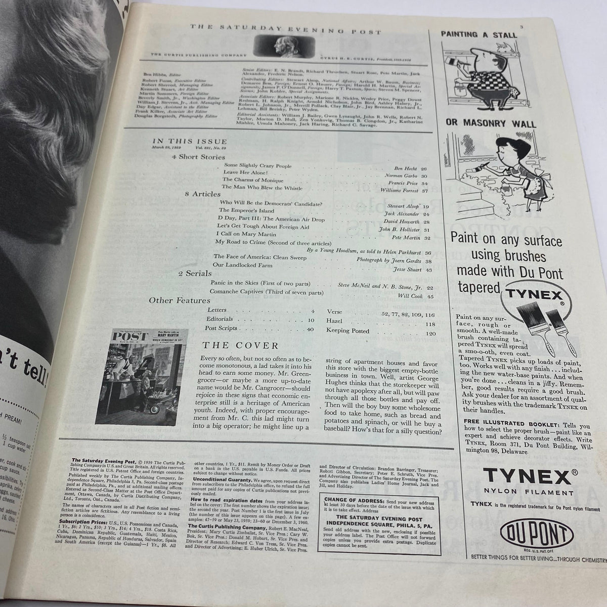 Interior page of Saturday Evening Post Magazine March 28 1959, showing magazine content including articles, illustrations, and features, highlighting the nostalgic design and layout details.