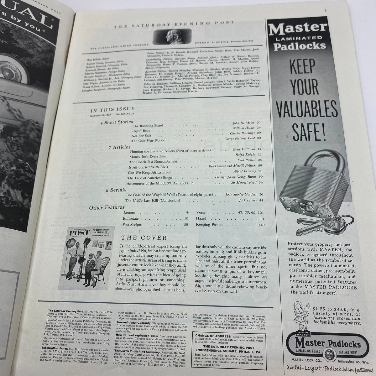 Inner page of the Saturday Evening Post Magazine from September 26, 1959, displaying the table of contents and various articles, along with an advertisement for Master Padlocks.