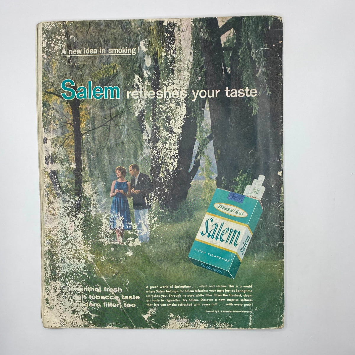 Vintage advertisement for Salem cigarettes from a magazine, promoting the refreshing taste of the product with a scenic background image of a couple in nature.