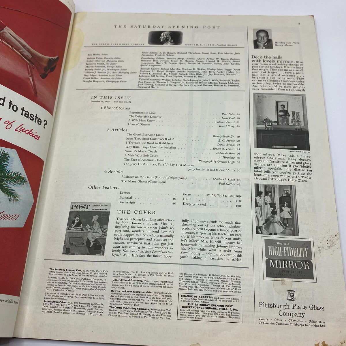 Interior page of the Saturday Evening Post Magazine, December 12, 1959, listing articles and features including 'The Cover' and other highlights from the issue.