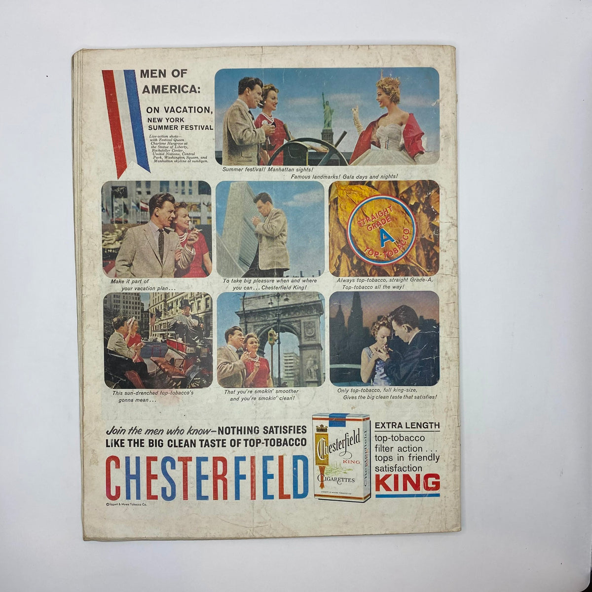 Back cover of Saturday Evening Post Magazine July 18, 1959 displaying Chesterfield cigarette advertisements and vacation-themed imagery of American landmarks.