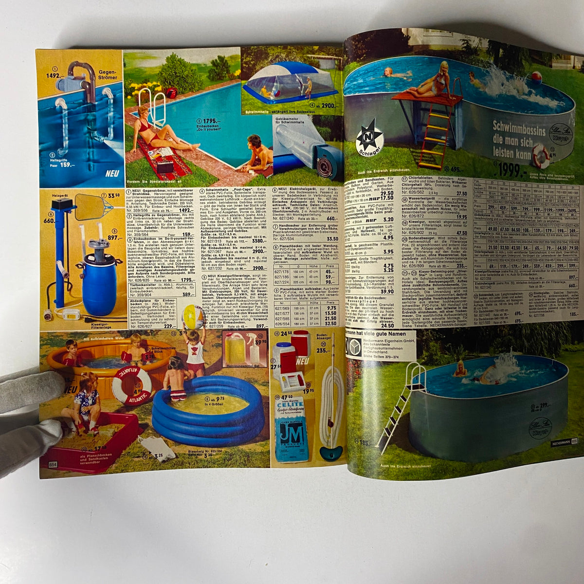 Page from the 1971 Neckermann Sommer Catalog featuring swimming pools, accessories, and pricing with a lively summer theme.