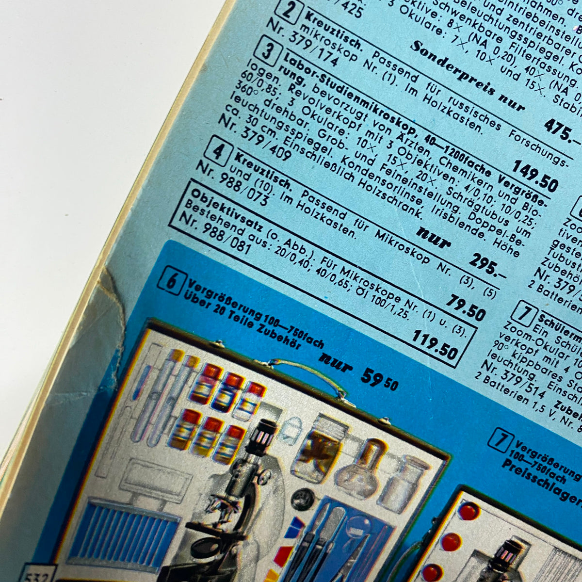 Close-up image from the 1969 Neckermann Sommer Catalog focusing on an educational microscope and lab accessories.