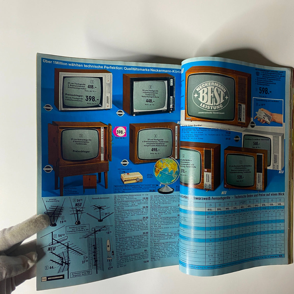 Electronics section in the 1969 Neckermann Sommer Catalog featuring vintage televisions and related products, highlighting prices and specifications.