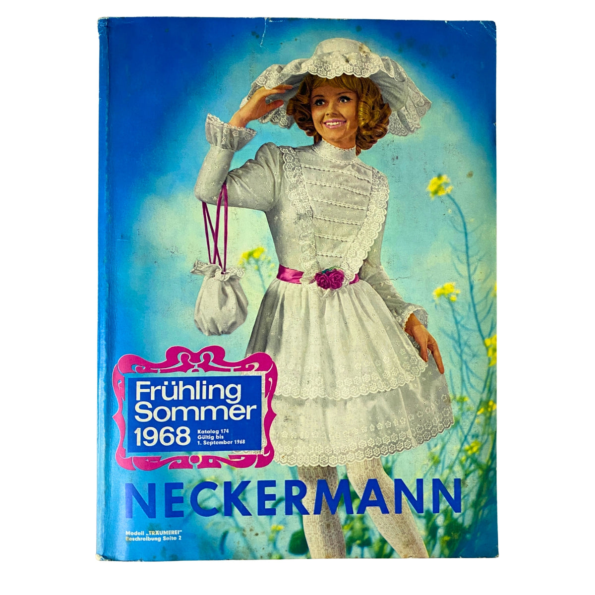 1968 Neckermann Sommer Catalog cover featuring a model in a vintage summer dress with a lace trim and a wide-brimmed hat, showcasing the fashion style of late-1960s Germany.