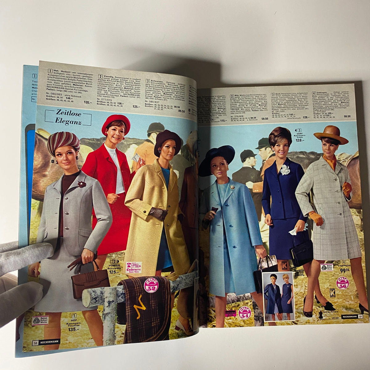 Image from the 1968 Neckermann Sommer Catalog showcasing stylish women's coats from late-1960s Germany, featuring a variety of elegant designs and colors.