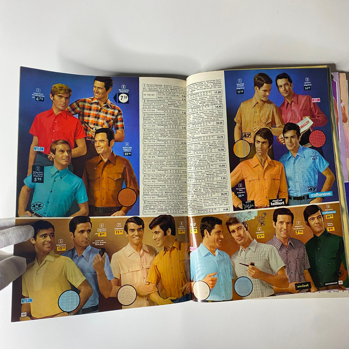 Image from the 1968 Neckermann Sommer Catalog featuring a vibrant selection of men's casual shirts, showcasing the colorful fashion trends of the late-1960s.