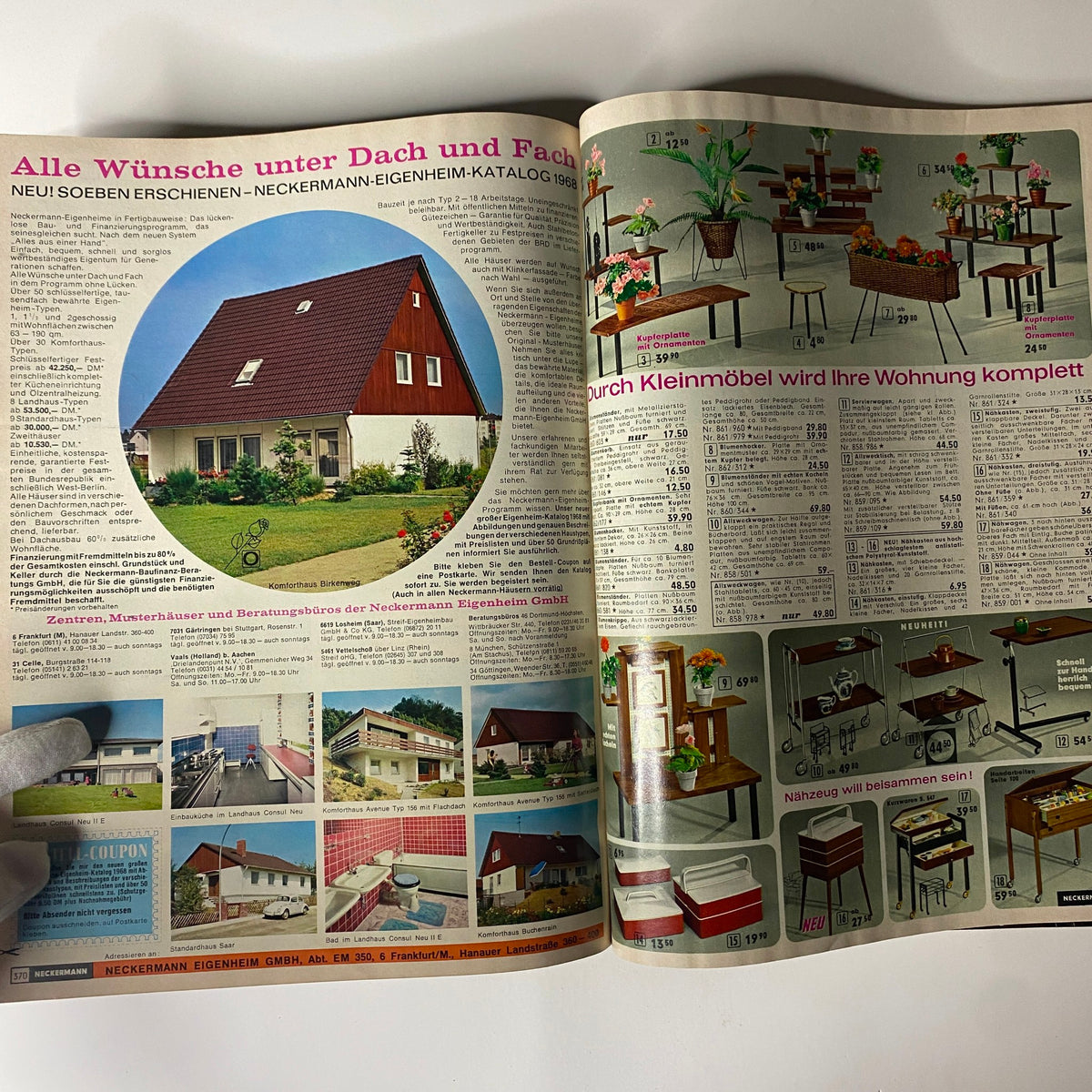 1968 Neckermann Sommer Catalog featuring architectural designs and furniture offerings, showcasing houses and small furniture items from the late 1960s.