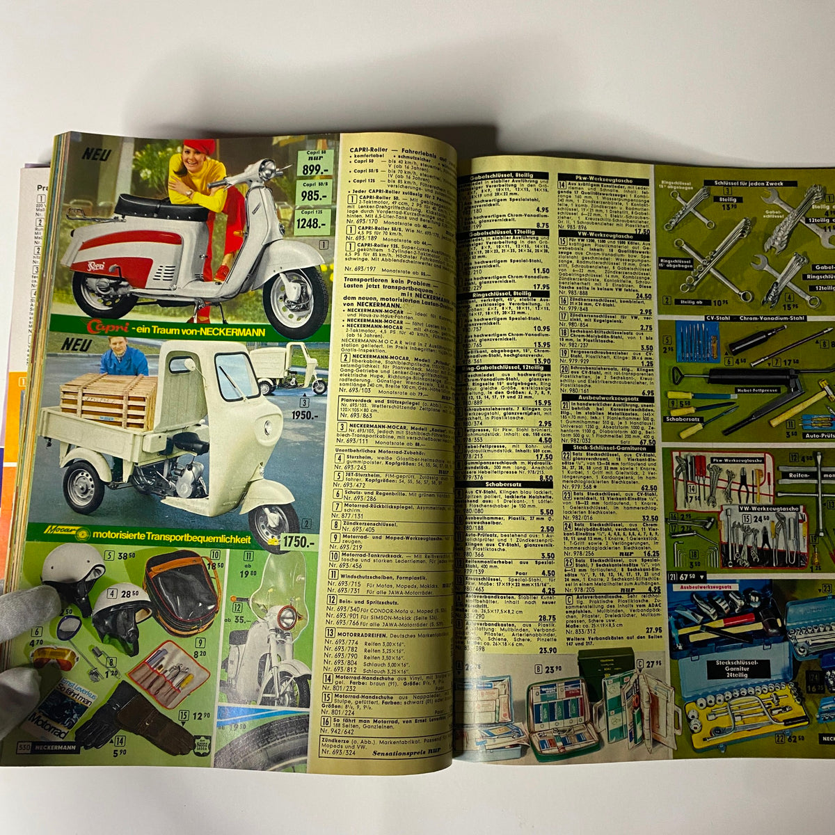 1968 Neckermann Sommer Catalog presenting scooters, motorized transport options, and tools, emphasizing retro transportation and tools available in the 1960s.