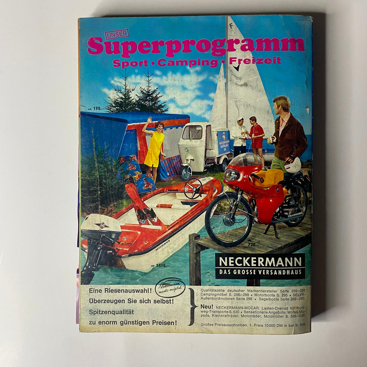 1968 Neckermann Sommer Catalog cover featuring a colorful outdoor scene with camping gear, watercraft, and lifestyle products, representing 1960s leisure activities in Germany.