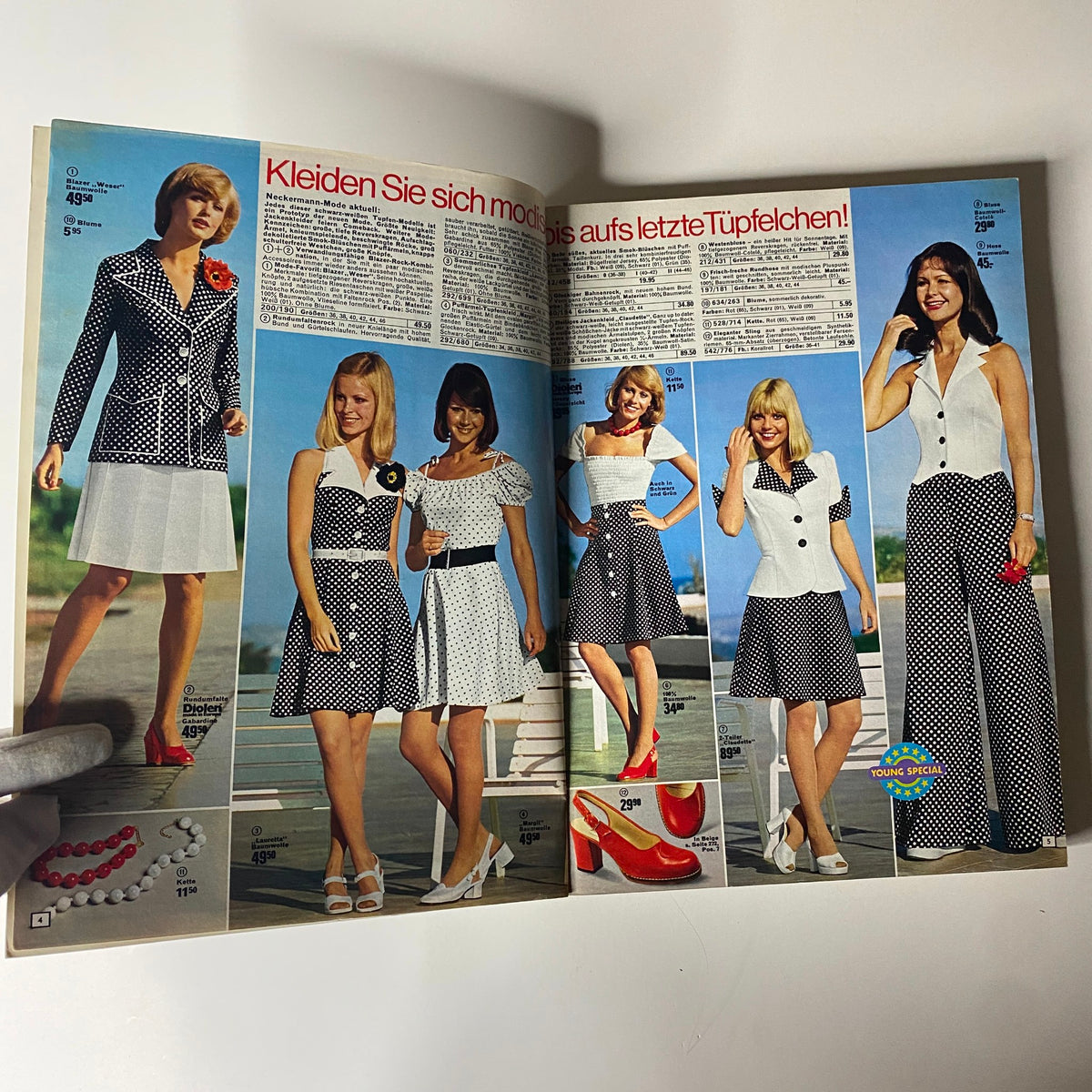 Interior page of the 1974 Neckermann Sommer Catalog, displaying various women's fashion styles including dresses and accessories in polka dots, representing 1970s style.