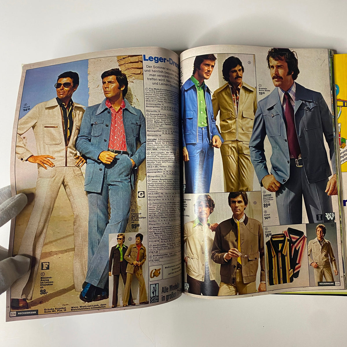 1974 Neckermann Sommer Catalog presenting men's summer suits and casual wear, highlighting various styles and colors for a fashionable summer look.